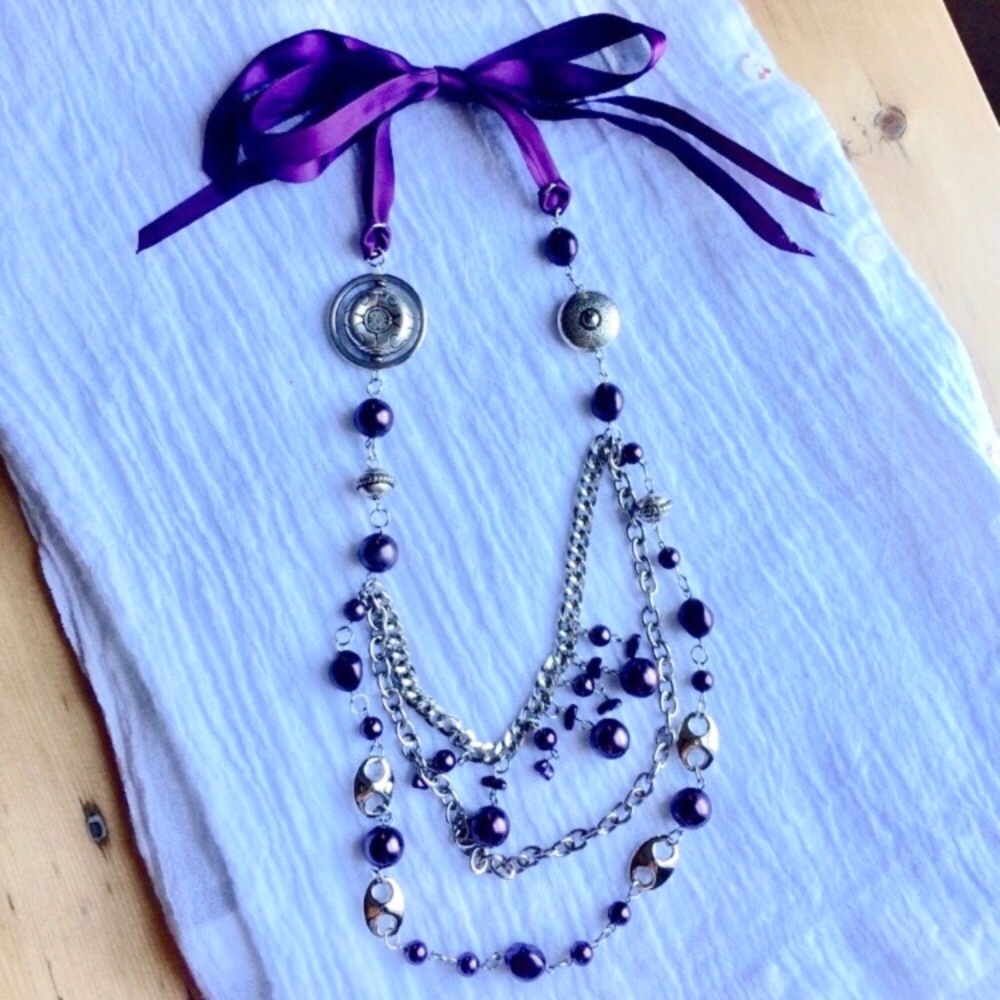 Purple Satin ribbon & silver tone Boho bauble necklace